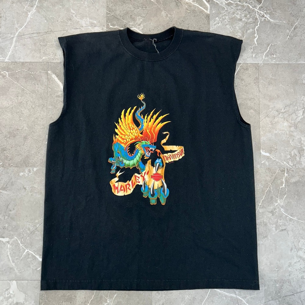 Vintage Harley Davidson Graphic Tee Mens XL Sleeveless Dragon Ohio Shirt Black